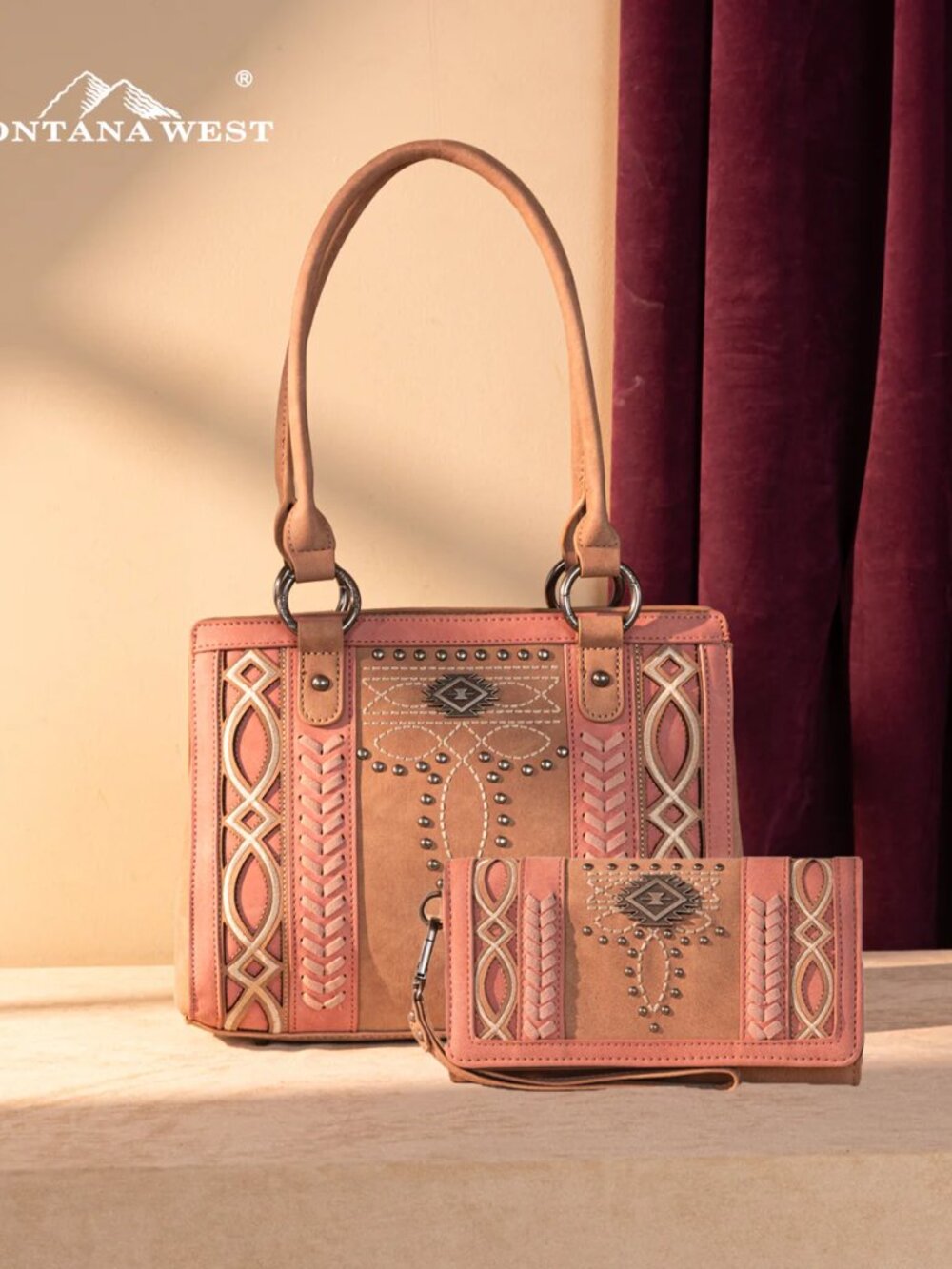 Montana West Cut-Out Embroidered Concealed Carry Tote + Wallet Pink NWT